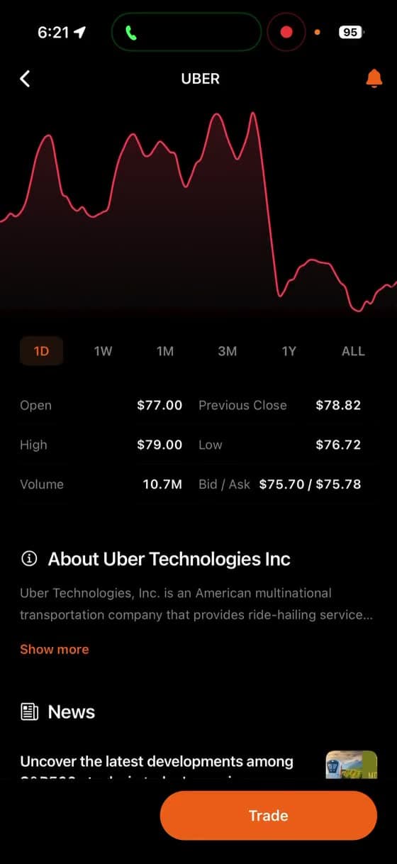 A Stock Picks ticker page with live price, range and news